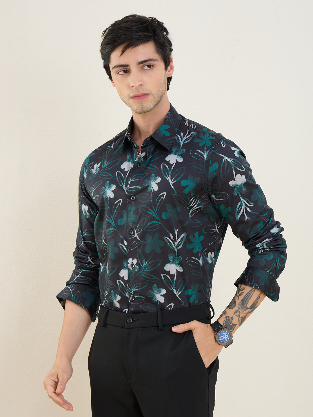 Men's Dark Floral Printed Luxury Giza Cotton Slim Fit Shirt | MARK & ALBERT