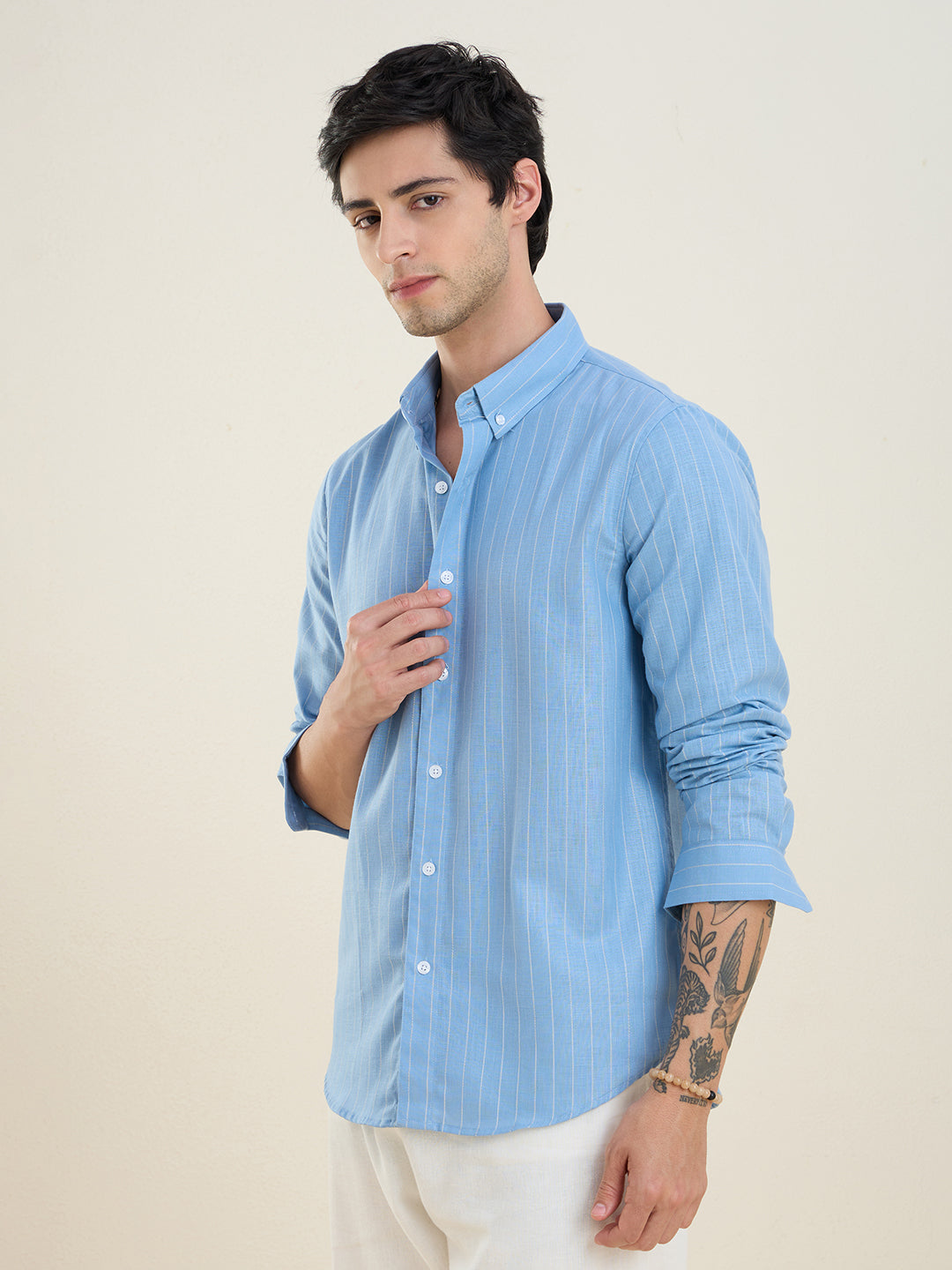 Men’s Sky-Blue Striped Cotton Linen Slim Fit Casual Shirt | MARK & ALBERT
