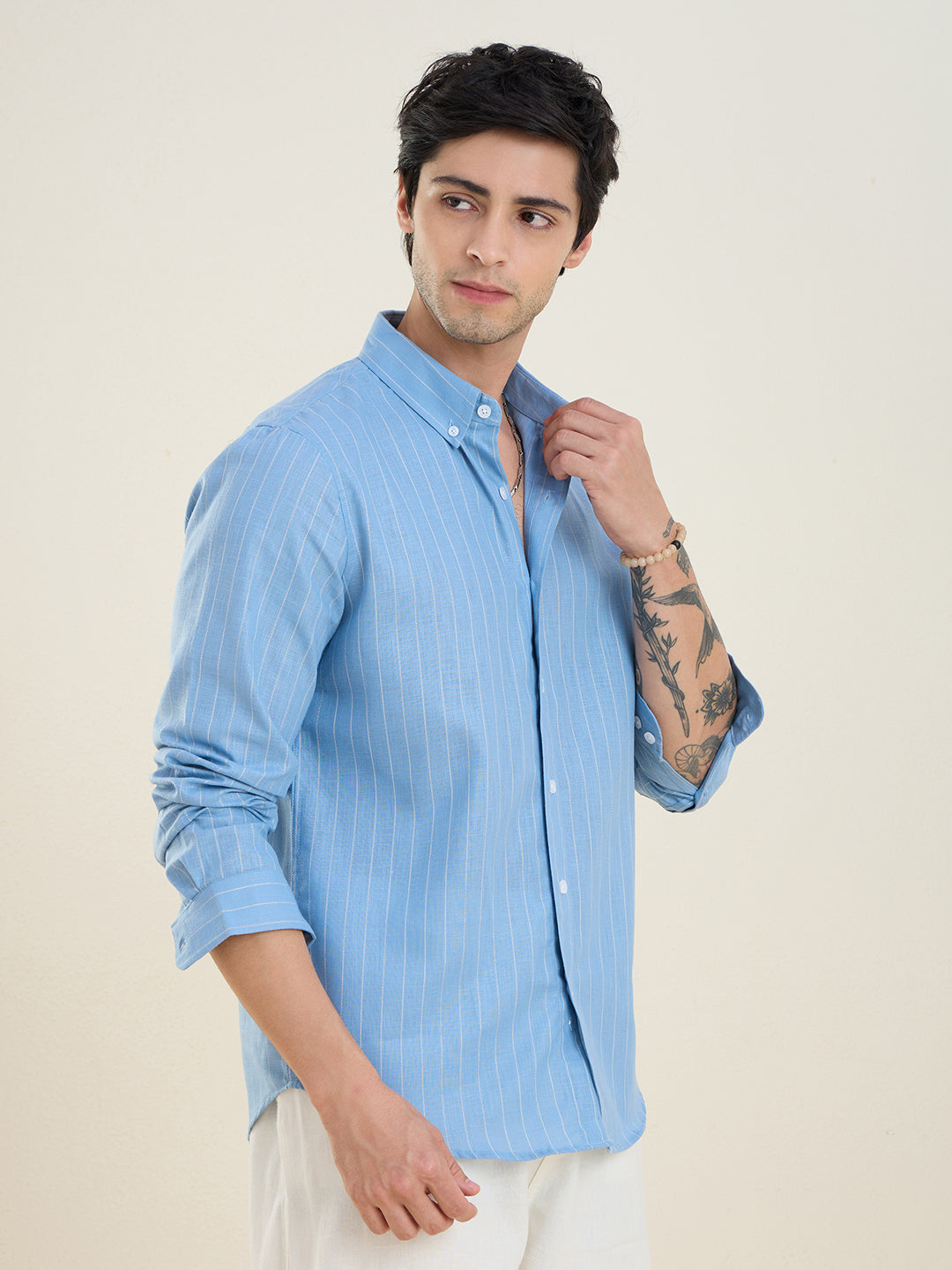 Men’s Sky-Blue Striped Cotton Linen Slim Fit Casual Shirt | MARK & ALBERT