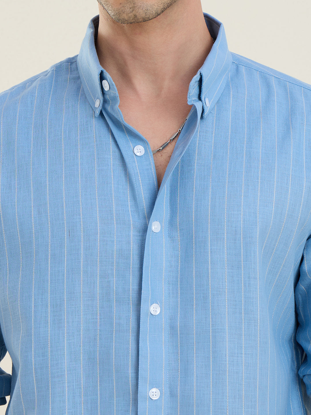 Men’s Sky-Blue Striped Cotton Linen Slim Fit Casual Shirt | MARK & ALBERT