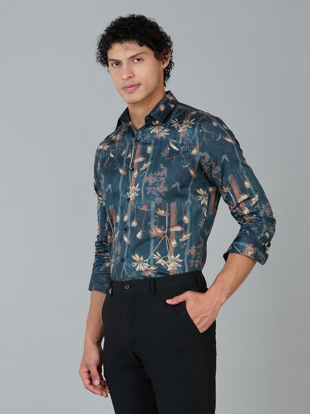 Men's Slim Fit Teal 100% Cotton Floral Printed Shirt | Mark & Albert