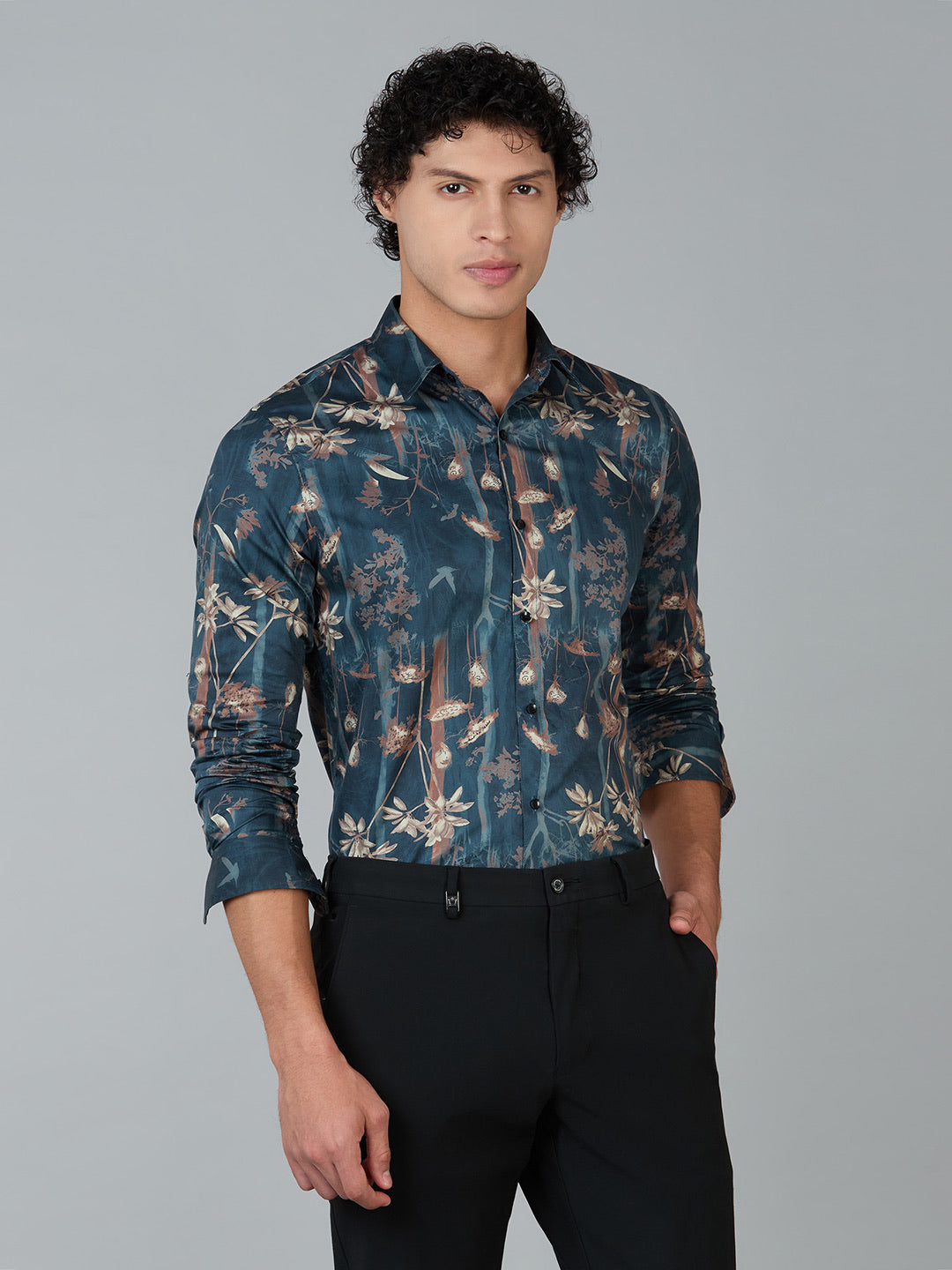 Men's Slim Fit Teal 100% Cotton Floral Printed Shirt | Mark & Albert