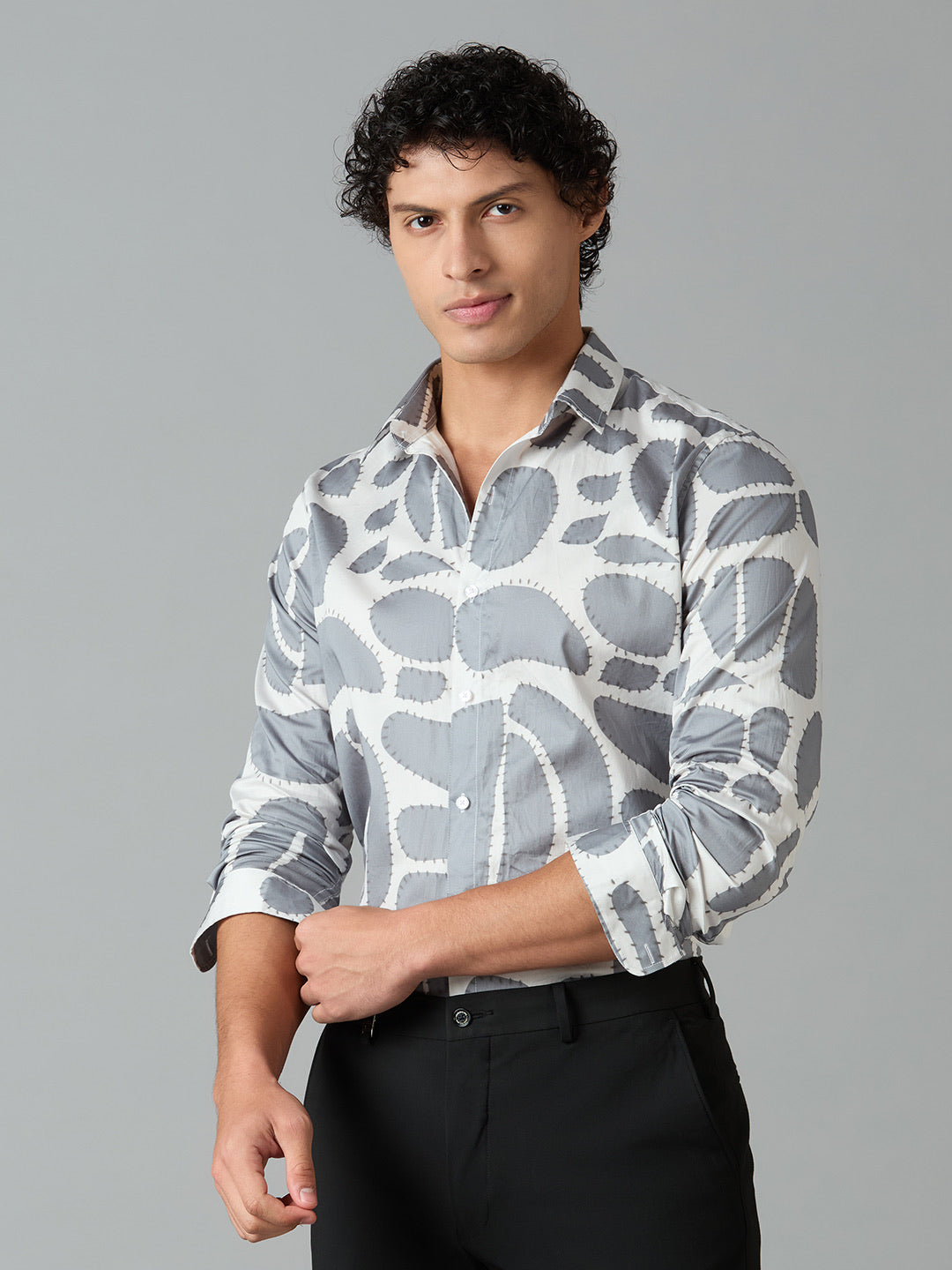 Men's Slim Fit Grey 100% Cotton Printed Shirt | Mark & Albert